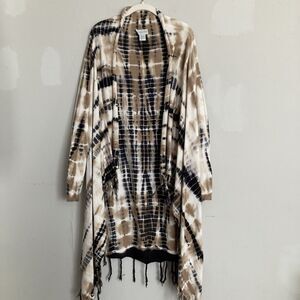 Soft Surroundings Tie Dye Fringe Cardigan Long Line XL Beige Navy White Boho